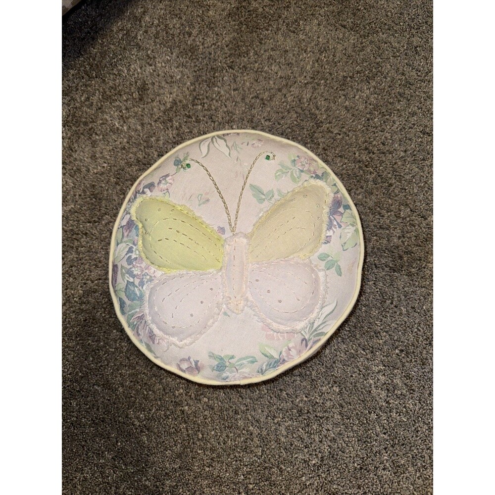 Grandmother Family Round Pillow Embossed Raised Butterfly Linen Hallmark 11.5”
